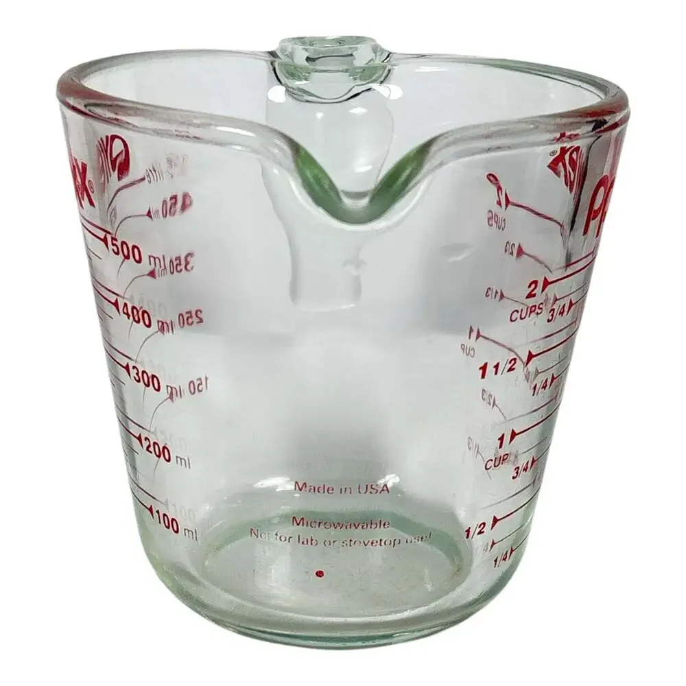Vintage Small pyrex Glass Measuring Cup Red Lettering Open J Handle 2 Cup 1 Pint